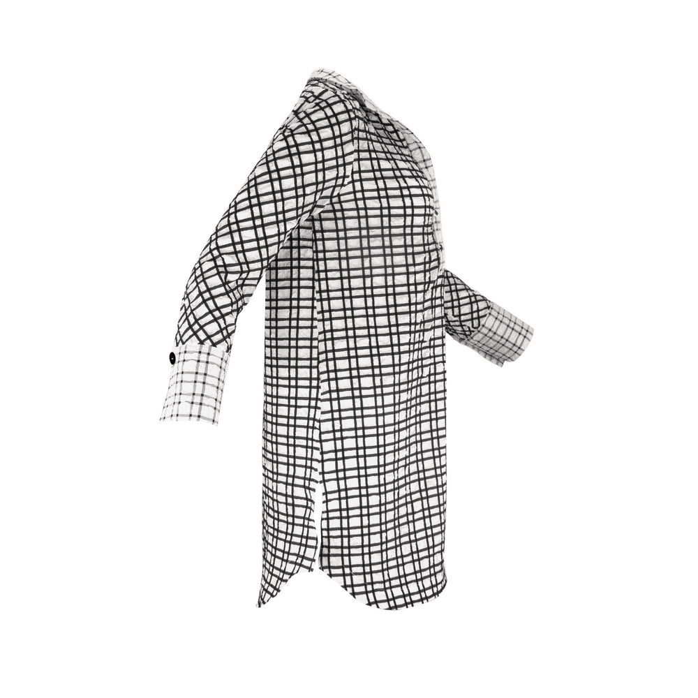 The Brittany striped stretch long sleeve collared pop-over dress with black Akoya buttons