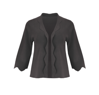 The Thalassa Stolen Softness bolero cardigan jacket with 3/4 sleeves, scalloped edge trim along center front and cuffs, fluid draped silhouette, and softly sculpted knit shape