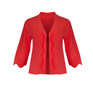 The Thalassa Stolen Softness bolero cardigan jacket with 3/4 sleeves, scalloped edge trim along center front and cuffs, fluid draped silhouette, and softly sculpted knit shape