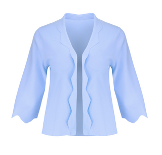 The Thalassa Stolen Softness bolero cardigan jacket with 3/4 sleeves, scalloped edge trim along center front and cuffs, fluid draped silhouette, and softly sculpted knit shape