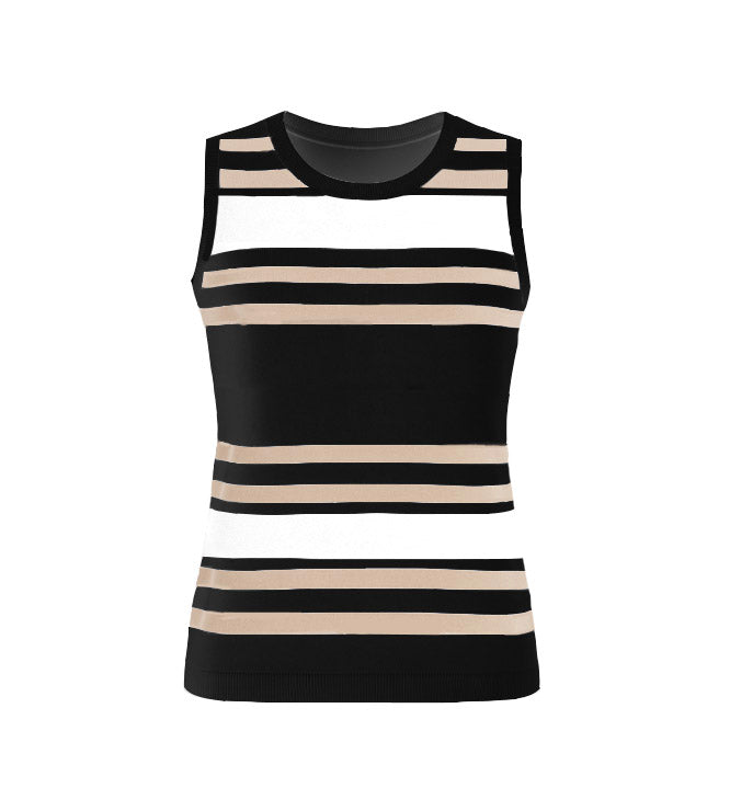 The Sirocco Stolen Softness multicolor striped sleeveless crew neck shell sweater top with clean neckline, smooth knit texture, and fitted flattering silhouette designed for layering