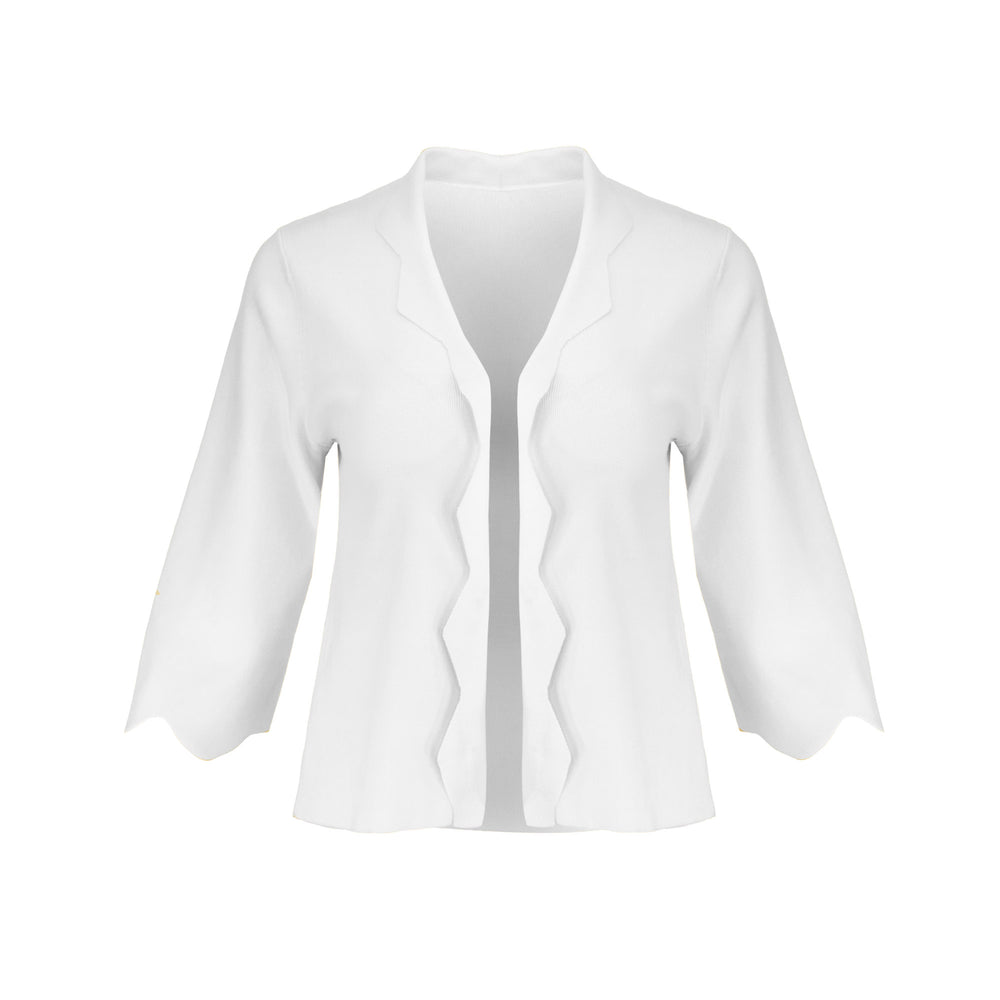 The Thalassa Stolen Softness bolero cardigan jacket with 3/4 sleeves, scalloped edge trim along center front and cuffs, fluid draped silhouette, and softly sculpted knit shape