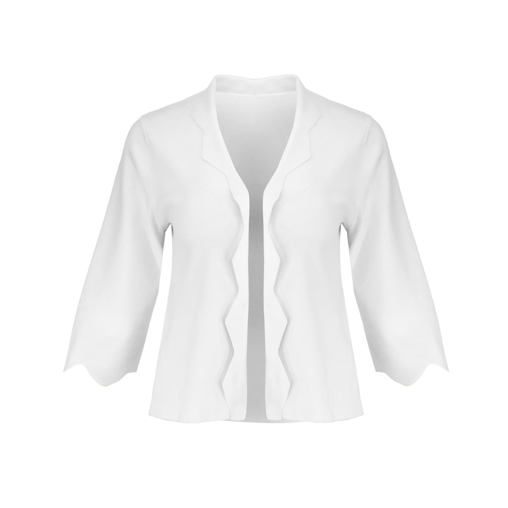 The Thalassa Stolen Softness bolero cardigan jacket with 3/4 sleeves, scalloped edge trim along center front and cuffs, fluid draped silhouette, and softly sculpted knit shape