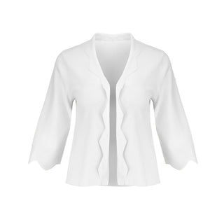 The Thalassa Stolen Softness bolero cardigan jacket with 3/4 sleeves, scalloped edge trim along center front and cuffs, fluid draped silhouette, and softly sculpted knit shape