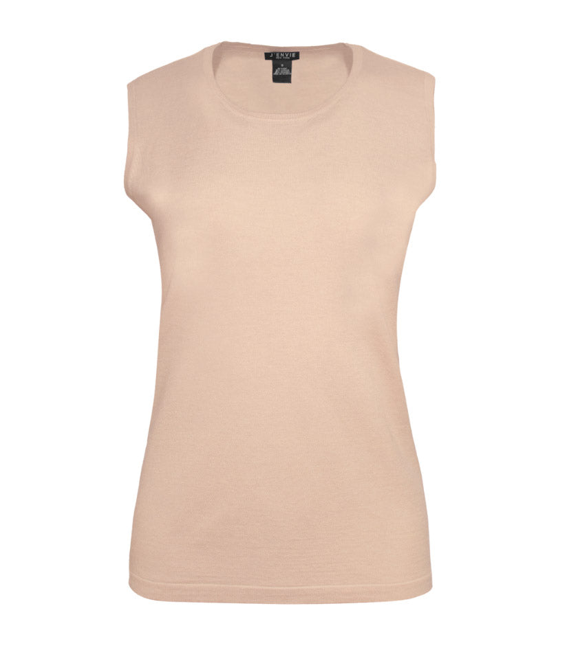 Streamlined sleeveless crew neck knit shell sweater top designed for easy layering and everyday wear