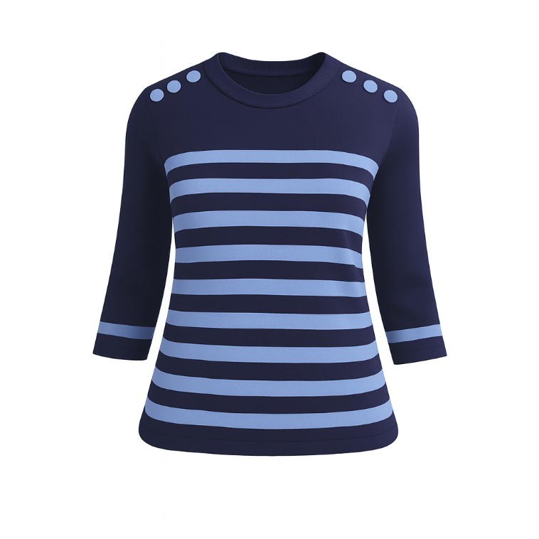 The Voyager nautical striped crew neck sweater top with fitted silhouette, 3/4 sleeves, and decorative shoulder button detailing