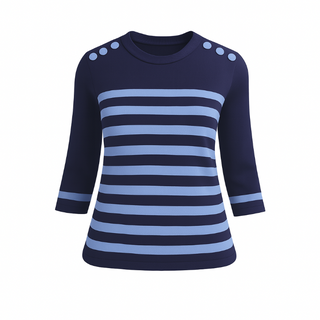 The Voyager nautical striped crew neck sweater top with fitted silhouette, 3/4 sleeves, and decorative shoulder button detailing