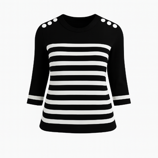 The Voyager nautical striped crew neck sweater top with fitted silhouette, 3/4 sleeves, and decorative shoulder button detailing