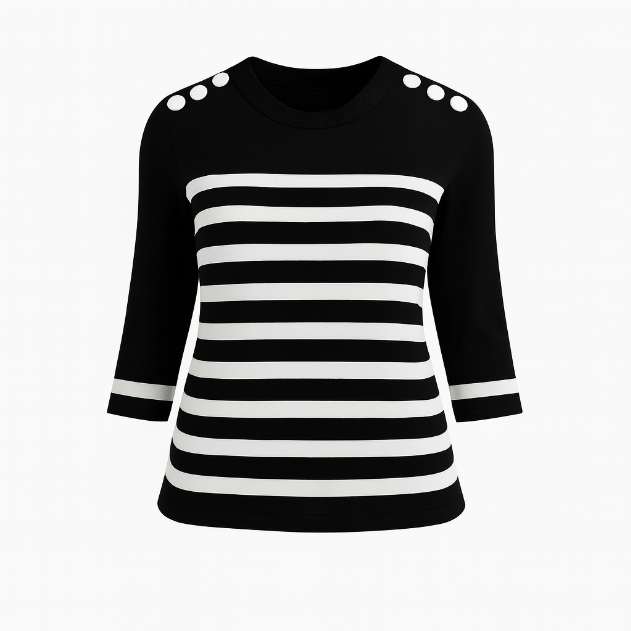 The Voyager nautical striped crew neck sweater top with fitted silhouette, 3/4 sleeves, and decorative shoulder button detailing