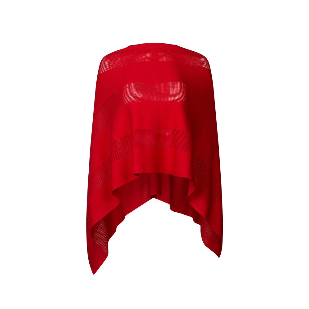 The Belle dual-textured tonal striped knit poncho sweater with semi-sheer bands, unstructured silhouette, and pointed hem