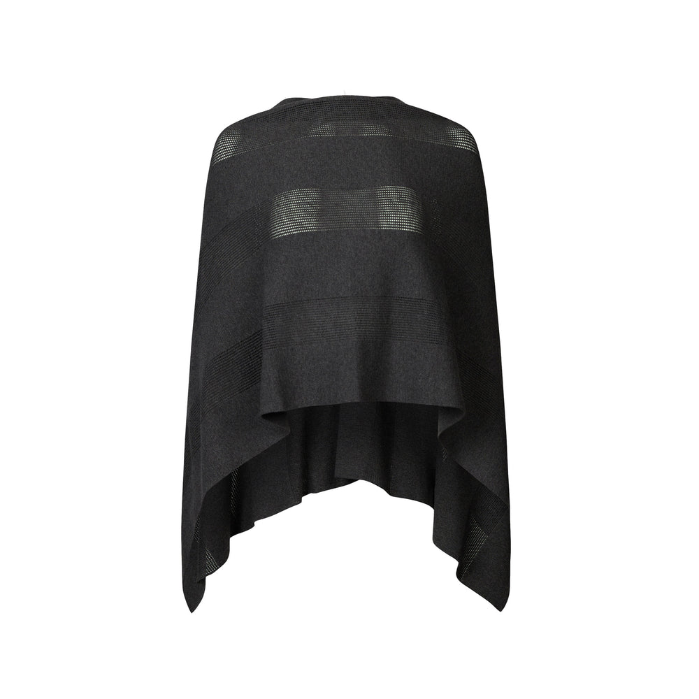 The Belle dual-textured tonal striped knit poncho sweater with semi-sheer bands, unstructured silhouette, and pointed hem