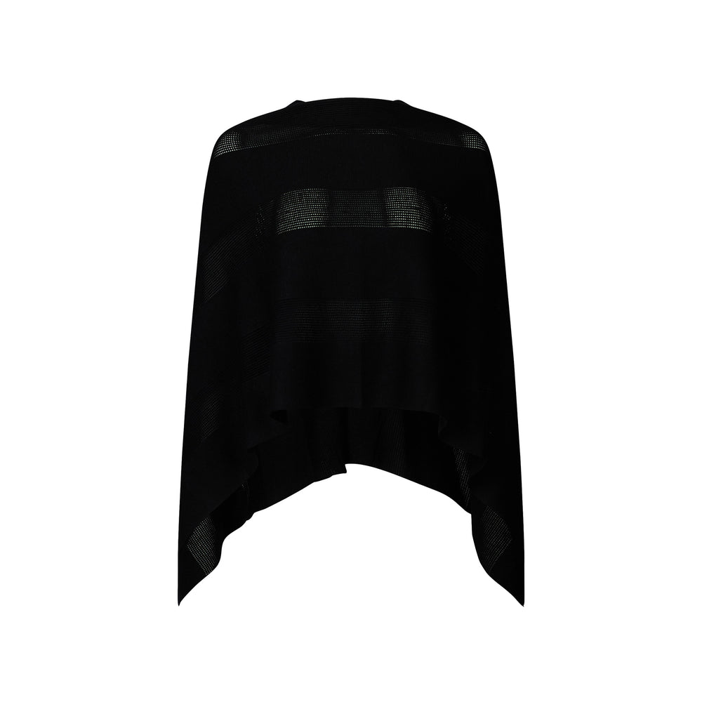 The Belle dual-textured tonal striped knit poncho sweater with semi-sheer bands, unstructured silhouette, and pointed hem