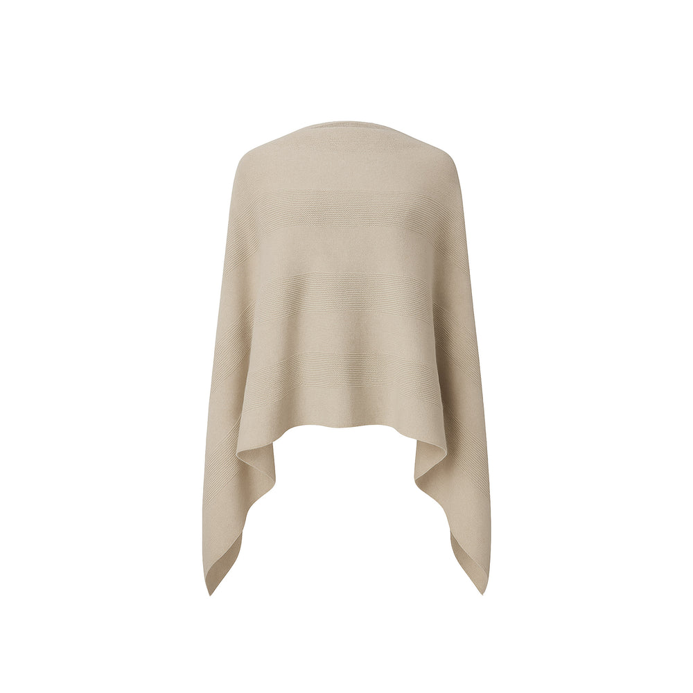 The Belle dual-textured tonal striped knit poncho sweater with semi-sheer bands, unstructured silhouette, and pointed hem