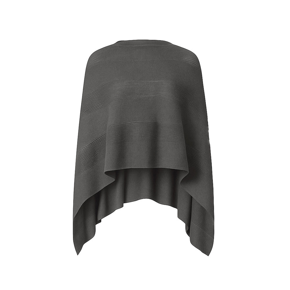 The Belle dual-textured tonal striped knit poncho sweater with semi-sheer bands, unstructured silhouette, and pointed hem