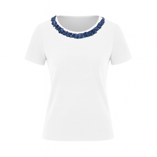 The Lorelei Stratus Cotton short sleeve crew neck sweater top with textured frayed twist trim neckline