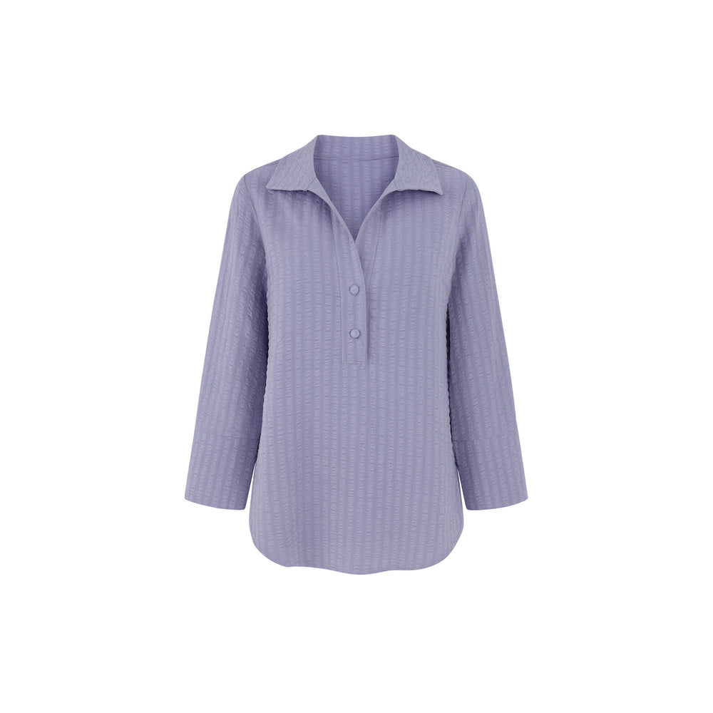 The Gabby Odyssey Check stretch pop-over tunic blouse with textured bubble fabric, collared neckline, long sleeves, front placket, and black Akoya cuff buttons