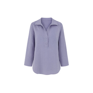 The Gabby Odyssey Check stretch pop-over tunic blouse with textured bubble fabric, collared neckline, long sleeves, front placket, and black Akoya cuff buttons