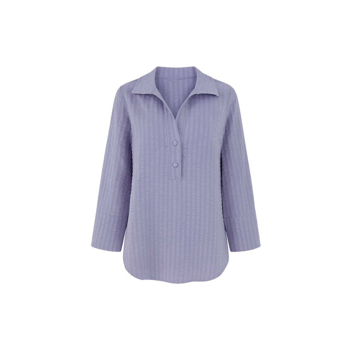 The Gabby Odyssey Check stretch pop-over tunic blouse with textured bubble fabric, collared neckline, long sleeves, front placket, and black Akoya cuff buttons