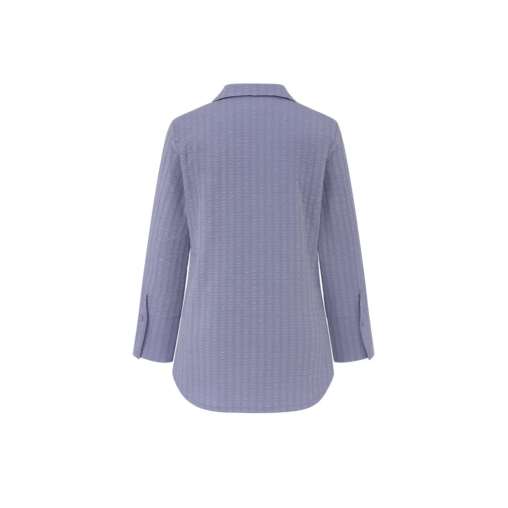 The Gabby Odyssey Check stretch pop-over tunic blouse with textured bubble fabric, collared neckline, long sleeves, front placket, and black Akoya cuff buttons