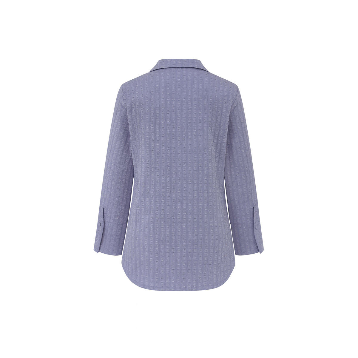 The Gabby Odyssey Check stretch pop-over tunic blouse with textured bubble fabric, collared neckline, long sleeves, front placket, and black Akoya cuff buttons