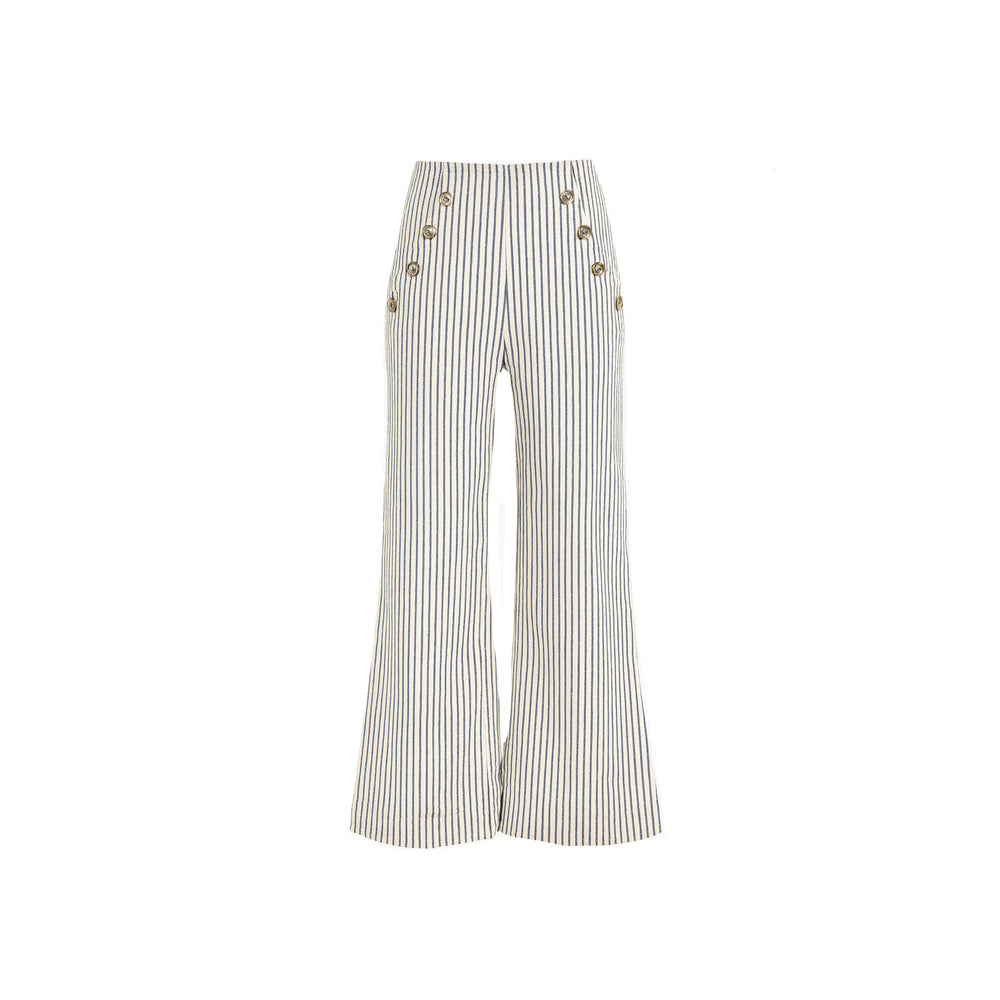 The Como high-rise wide-leg full length Italian seersucker striped stretch pant with curved front pockets and silver button detail