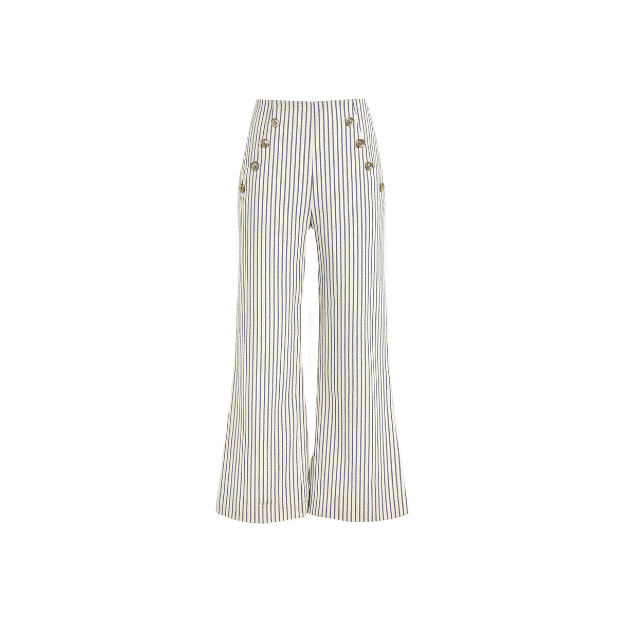 The Como high-rise wide-leg full length Italian seersucker striped stretch pant with curved front pockets and silver button detail