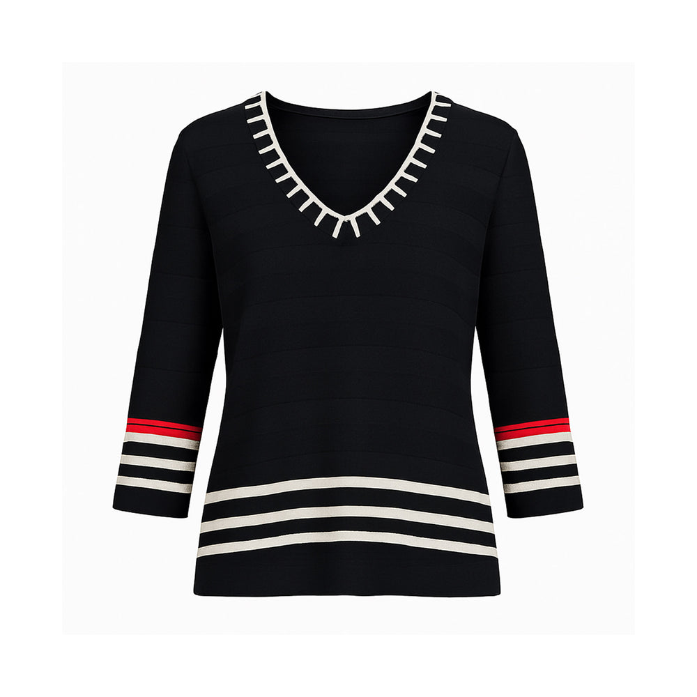 The Azure striped V-neck sweater top with braided neckline and 3/4 sleeves