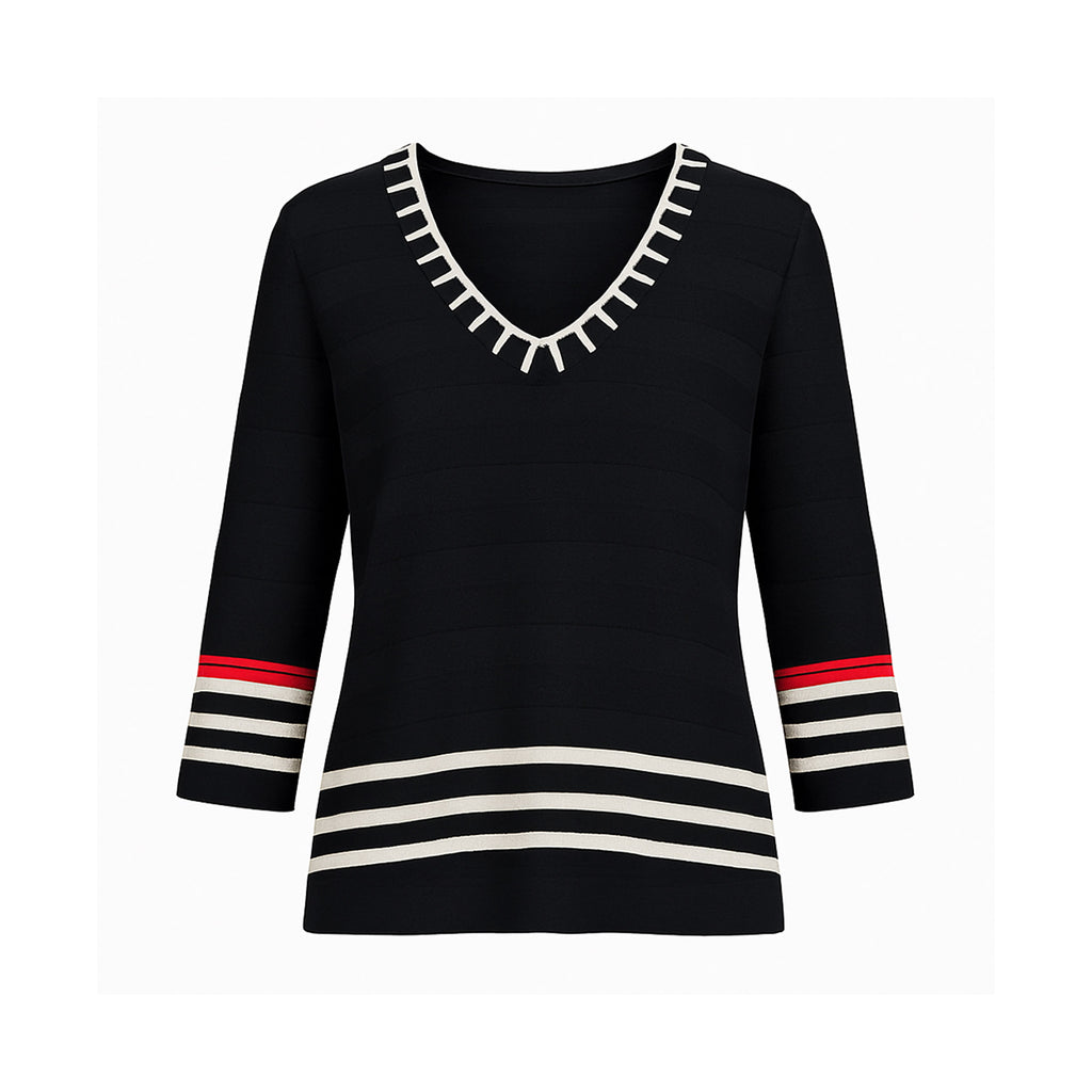 The Azure striped V-neck sweater top with braided neckline and 3/4 sleeves