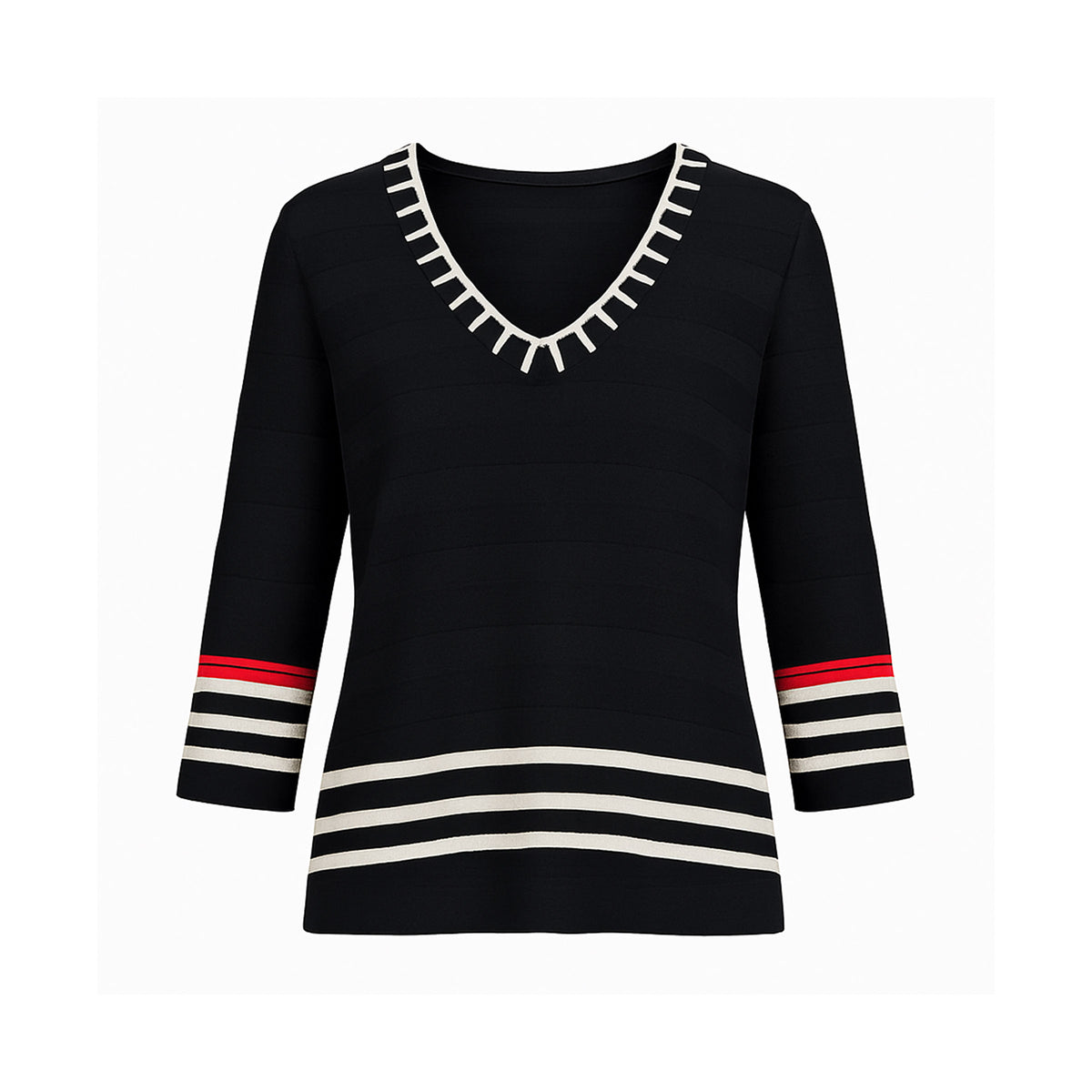 The Azure striped V-neck sweater top with braided neckline and 3/4 sleeves