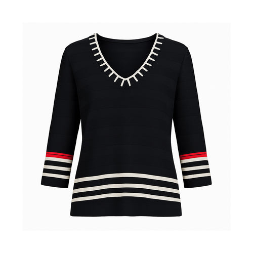 The Azure striped V-neck sweater top with braided neckline and 3/4 sleeves