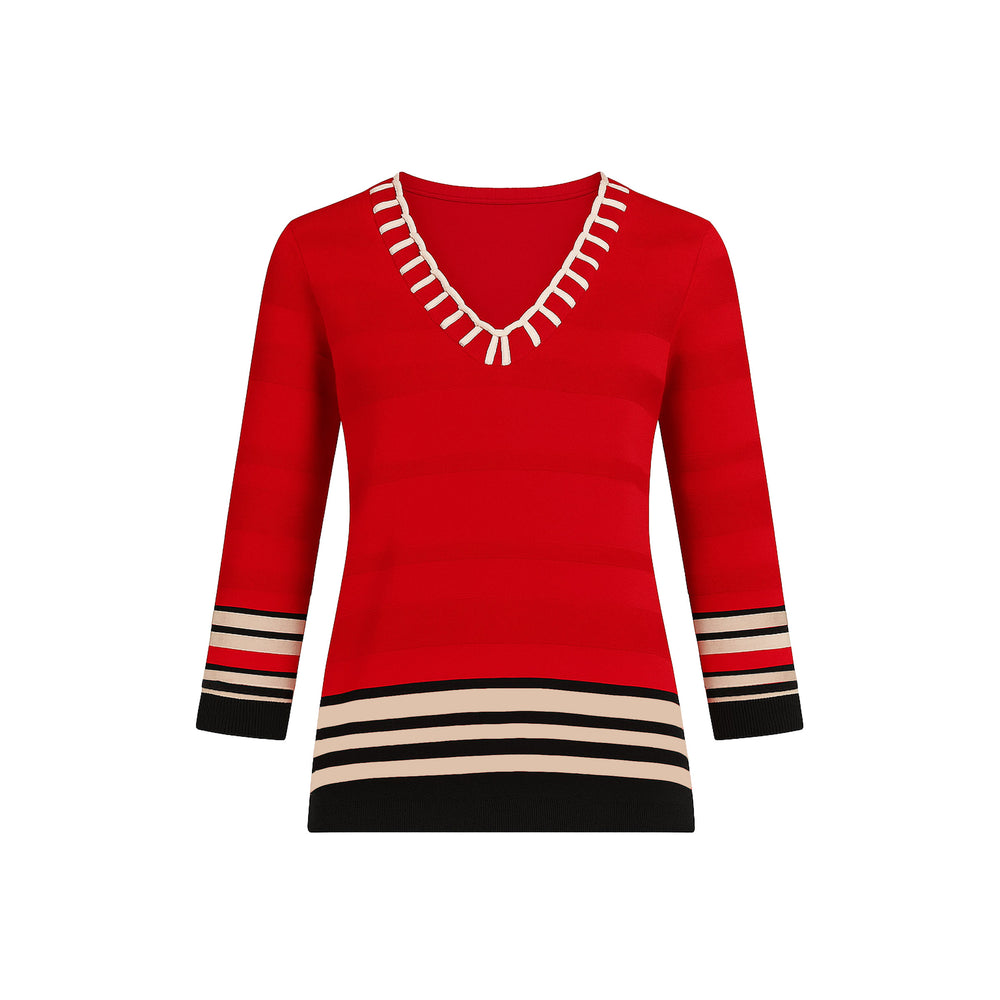 The Azure striped V-neck sweater top with braided neckline and 3/4 sleeves