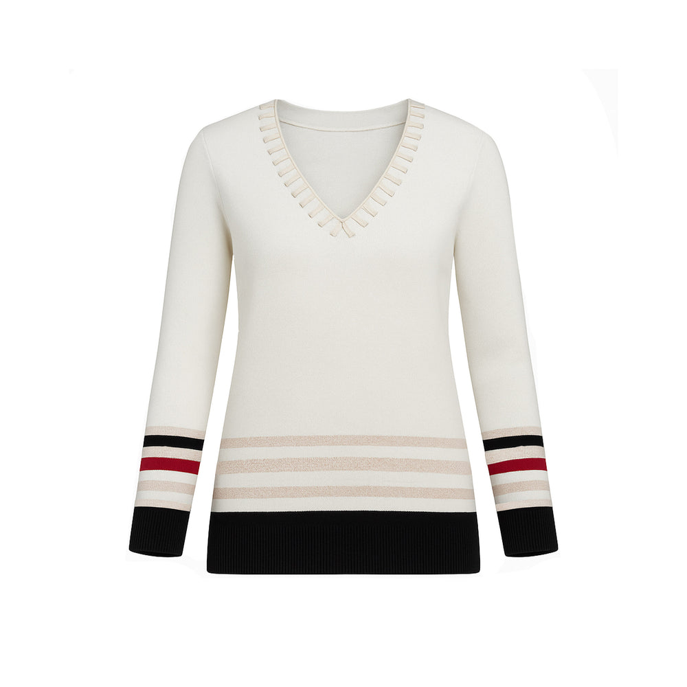 The Azure striped V-neck sweater top with braided neckline and 3/4 sleeves