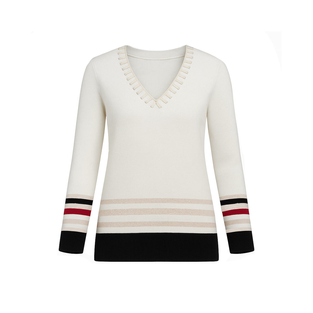 The Azure striped V-neck sweater top with braided neckline and 3/4 sleeves