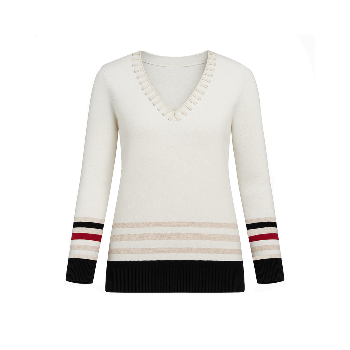 The Azure striped V-neck sweater top with braided neckline and 3/4 sleeves