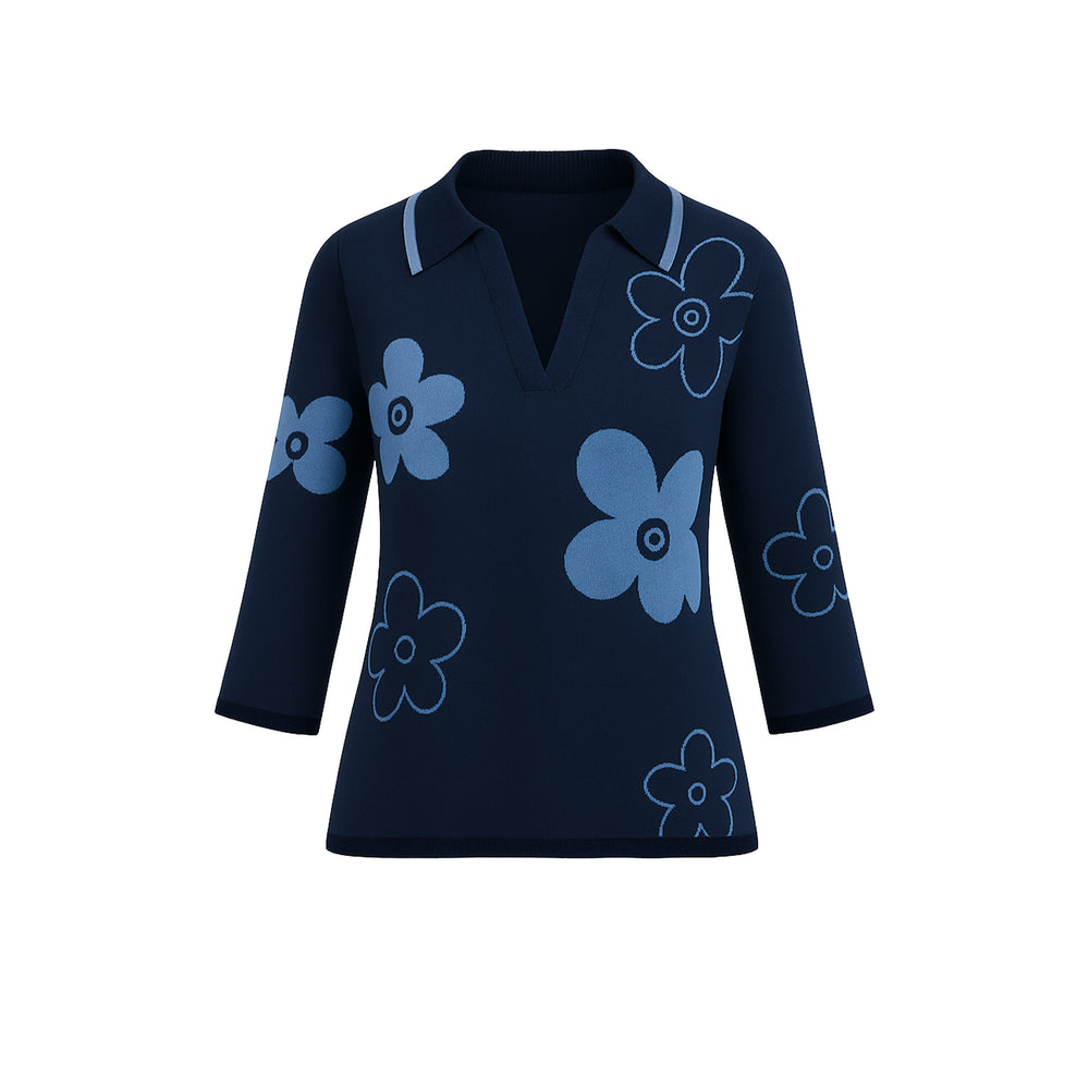 The Cyrene Stolen Softness collared V-neck long sleeve sweater top with floral geometric motif pattern and relaxed neckline