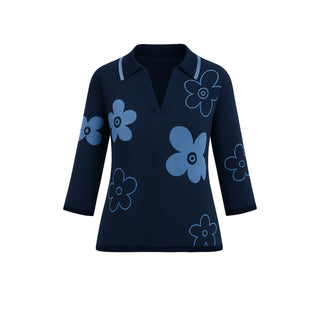 The Cyrene Stolen Softness collared V-neck long sleeve sweater top with floral geometric motif pattern and relaxed neckline