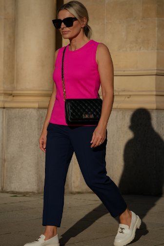 Streamlined sleeveless crew neck knit shell sweater top designed for easy layering and everyday wear