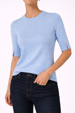 The Gee-Gee Stolen Softness crew neck elbow sleeve knit tee sweater top with clean silhouette, side slit, and shell-colored button detail