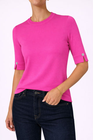 The Gee-Gee Stolen Softness crew neck elbow sleeve knit tee sweater top with clean silhouette, side slit, and shell-colored button detail