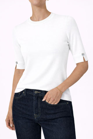 The Gee-Gee Stolen Softness crew neck elbow sleeve knit tee sweater top with clean silhouette, side slit, and shell-colored button detail