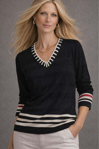 The Azure striped V-neck sweater top with braided neckline and 3/4 sleeves