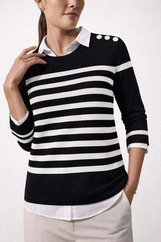 The Voyager nautical striped crew neck sweater top with fitted silhouette, 3/4 sleeves, and decorative shoulder button detailing
