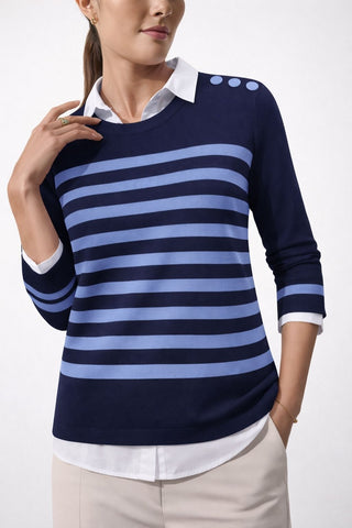 The Voyager nautical striped crew neck sweater top with fitted silhouette, 3/4 sleeves, and decorative shoulder button detailing