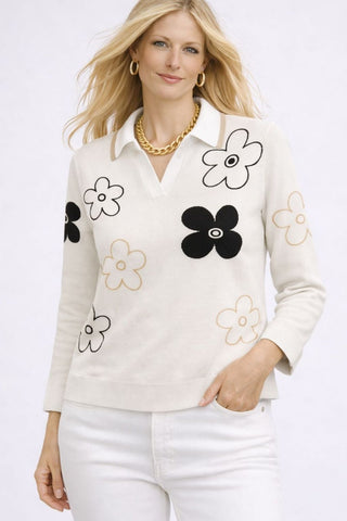 The Cyrene Stolen Softness collared V-neck long sleeve sweater top with floral geometric motif pattern and relaxed neckline