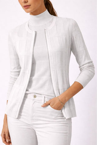 The Cove zip-up textured knit long sleeve cardigan jacket with rectangular motif detailing and streamlined silhouette