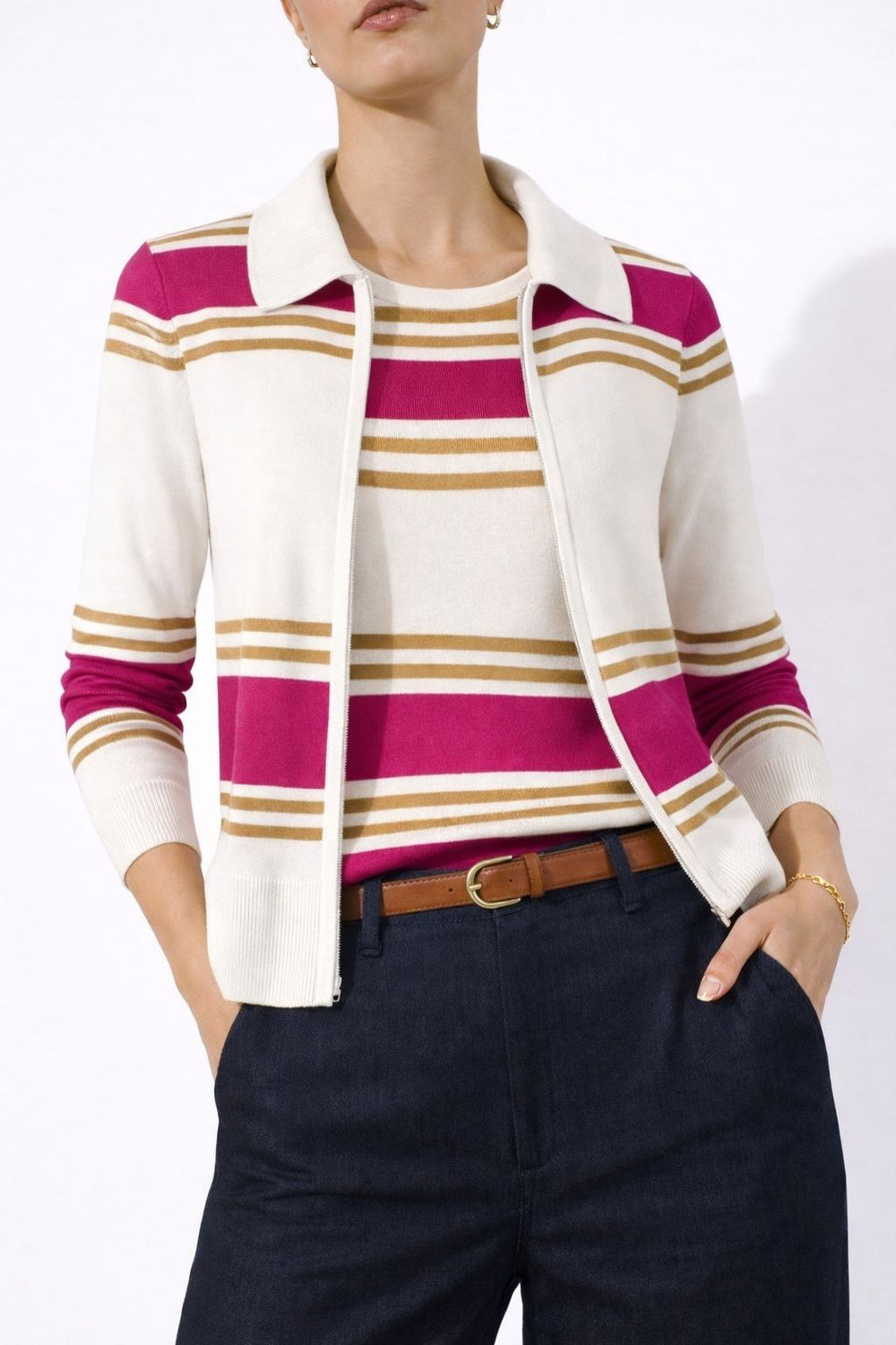 The Sirocco Stolen Softness striped zip-up cardigan jacket with collared neckline, fitted silhouette, and long sleeves