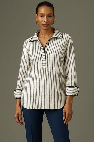 The Ravenna vertical striped collared pop-over tunic top with 3/4 sleeves, button cuffs, and relaxed polished silhouette
