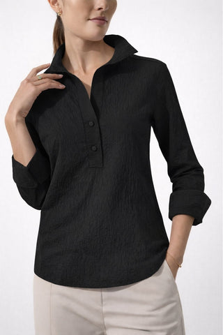 The Gabby Delphine stretch collared pop-over blouse shirt with structured collar, front button placket, and 3/4 sleeves