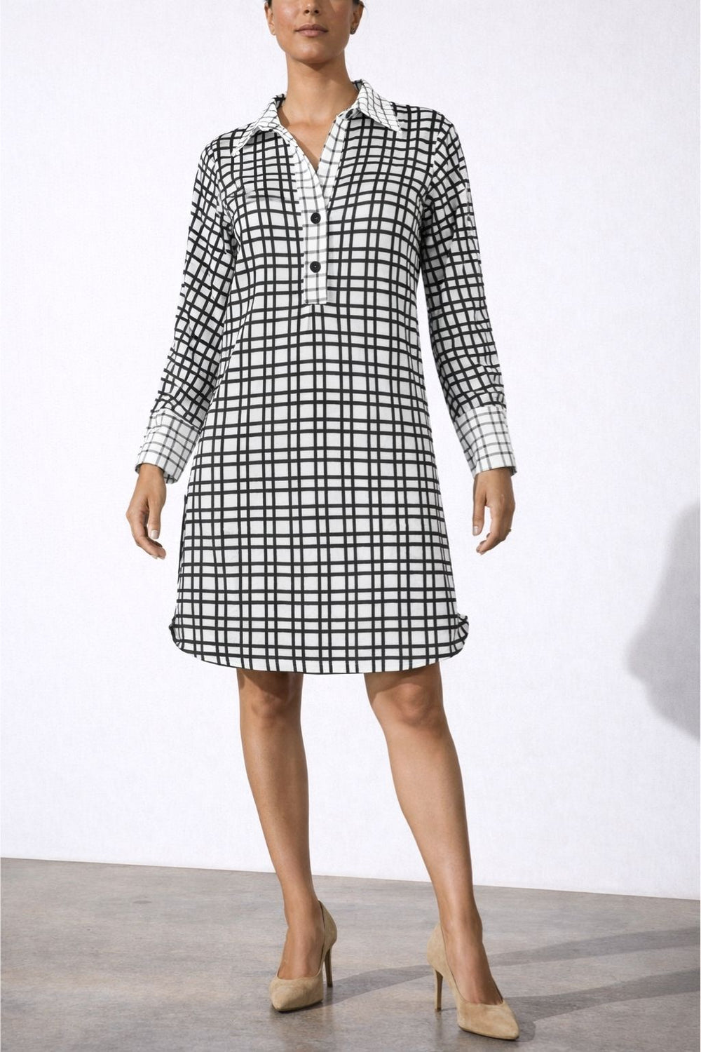 The Brittany striped stretch long sleeve collared pop-over dress with black Akoya buttons