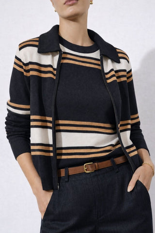 The Sirocco Stolen Softness striped zip-up cardigan jacket with collared neckline, fitted silhouette, and long sleeves